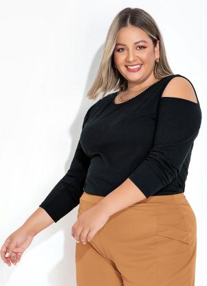Marguerite - Blusa Preta em Ribana Canelada Plus Size - MARGUERITE