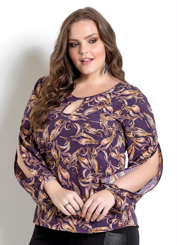Quintess - Blusa Quintess Estampada Manga Vazada Plus Size