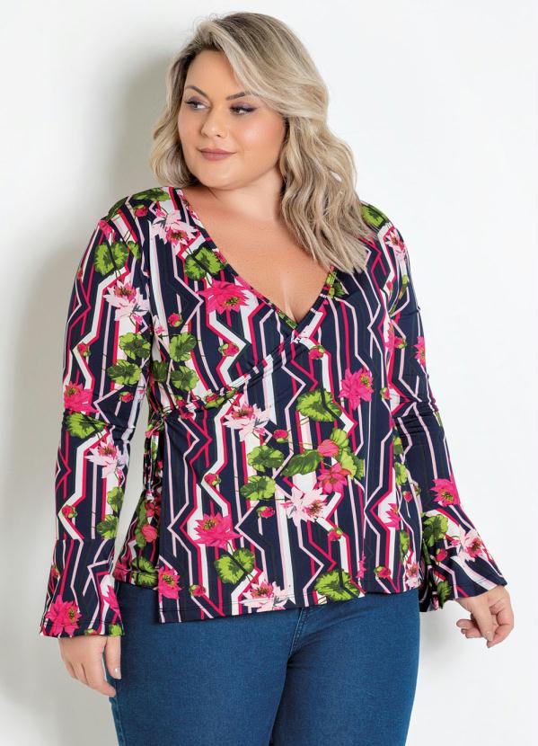 Blusa Transpassada Plus Size Floral Marguerite