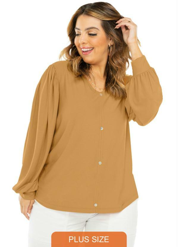 Rovitex Plus Size - Camiseta Feminina Manga Longa Botões Amarelo