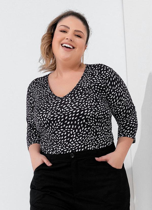 Marguerite - Body Abstrato Preto com Mangas Longas Plus Size
