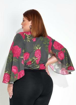 Marguerite - Body Floral Preto com Transpasse Plus Size - MARGUERITE