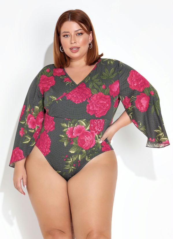 Marguerite - Body Floral Preto com Transpasse Plus Size 5