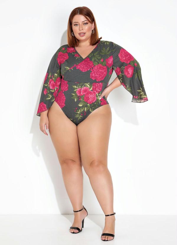 Marguerite - Body Floral Preto com Transpasse Plus Size 7