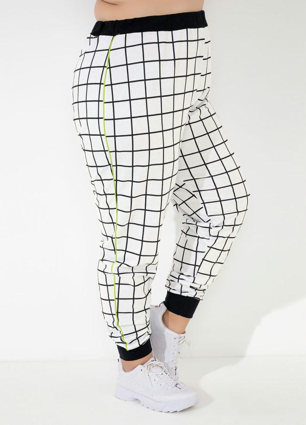 Marguerite - Calça Xadrez Branco com Filete Neon Plus Size 4