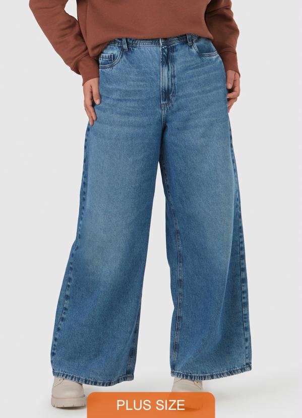 Calça Jeans Feminina Plus Size Wide Leg Azul