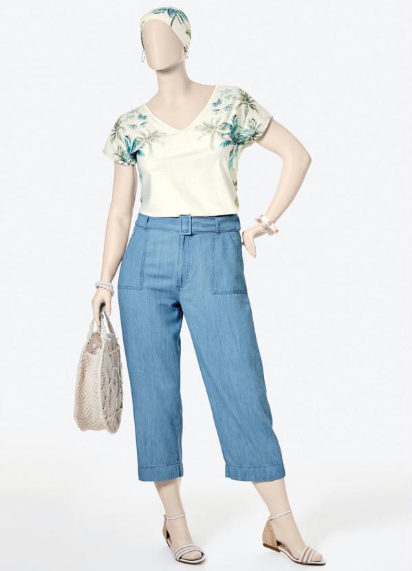 Malwee Plus Calça Azul Claro Pantacourt Jeans Liocel