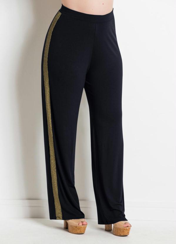Quintess - Calça Pantalona Preta e Metalizada Plus Size