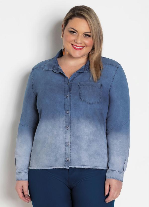 camisa jeans feminina manga longa plus size