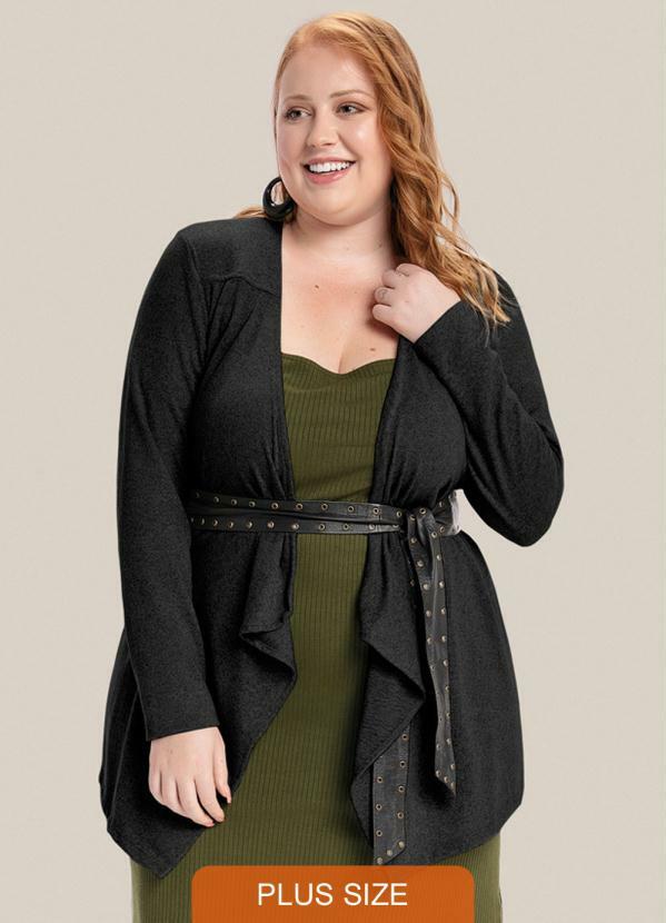 Vinculo Basic - Cardigan Plus Size Curto com Manga Longa Preto