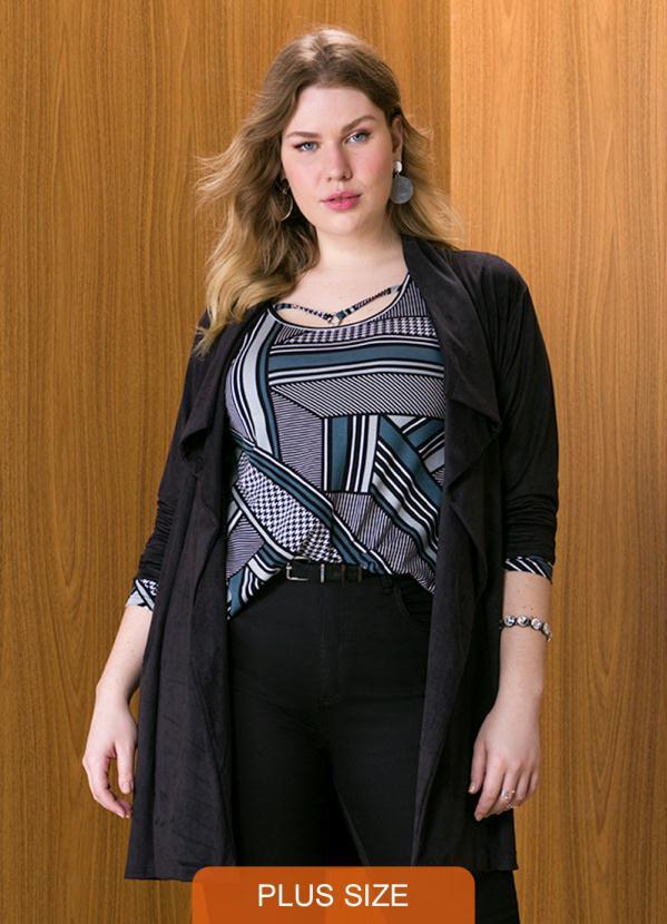 Malwee - Cardigan Preta Alongado em Suede