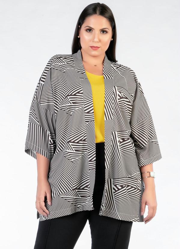 Mink - Kimono Plus Size Preto Branco com Mangas 3/4