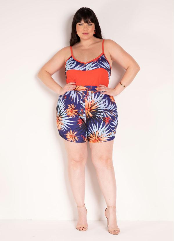 Marguerite - Conjunto Floral Azul e Laranja Plus Size 7