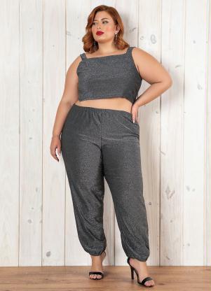 Conjunto Preto e Prata Cropped e Calça Plus Size Marguerite