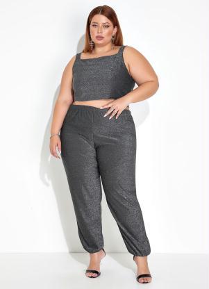 Marguerite - Conjunto Preto e Prata Cropped e Calça Plus Size - MARGUERITE