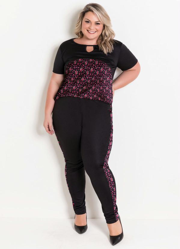 Conjunto Preto Floral Plus Size Marguerite