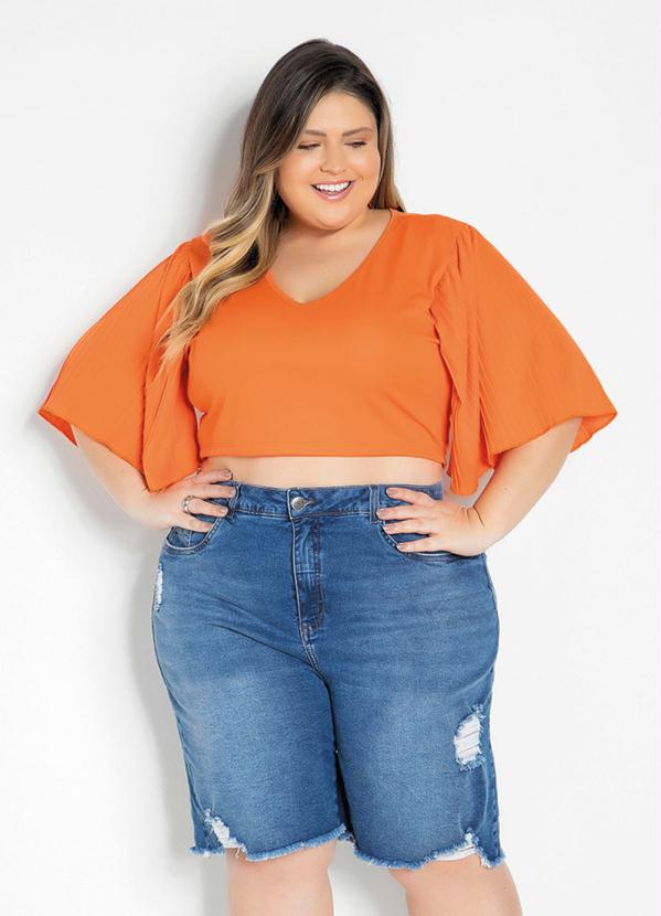 Marguerite - Cropped Laranja com Mangas Plissadas Plus Size