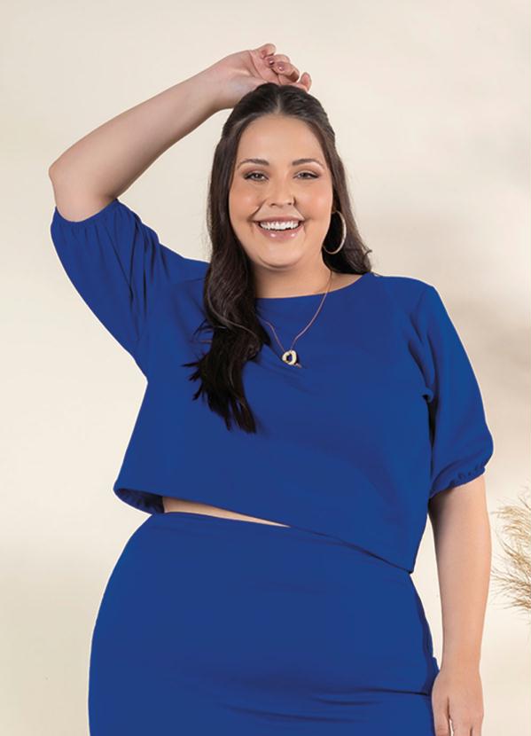 Outlet - Cropped Plus Size Azul com Mangas 3/4