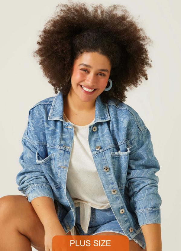 Malwee - Jaqueta Cropped Jeans Arabescos Plus Azul