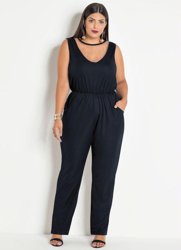 Macac O Com Recorte Em Tule Preto Plus Size Marguerite