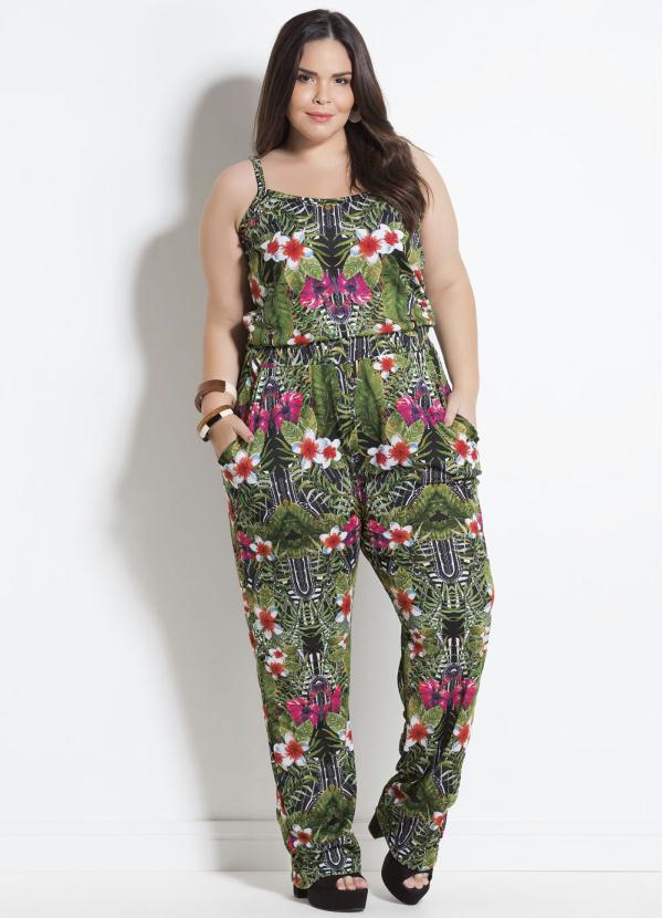 Marguerite - Macacão Mix Floral com Bolsos Plus Size