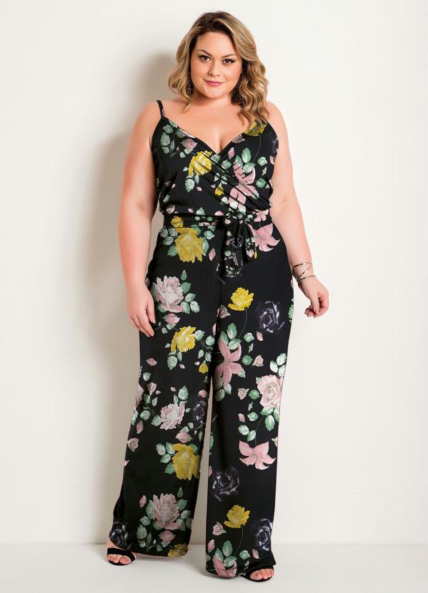 Macacão Pantalona Floral Preto Plus Size Marguerite