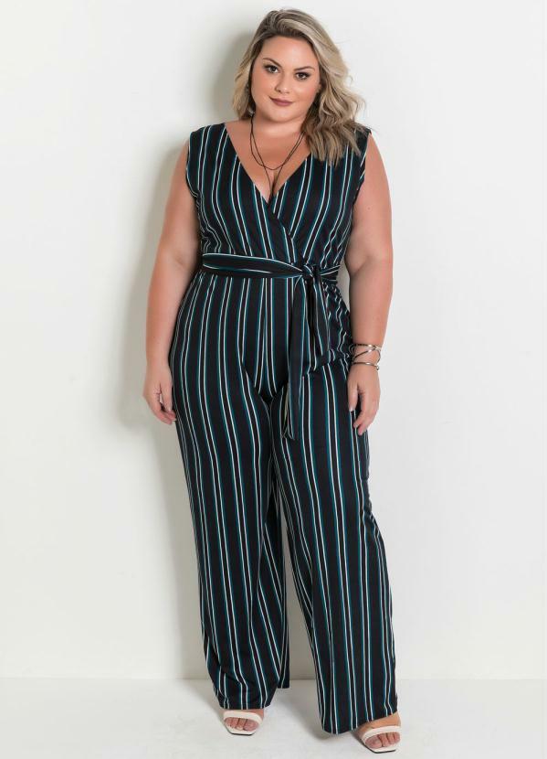 Marguerite - Macacão Pantalona Listrado Plus Size sem Mangas
