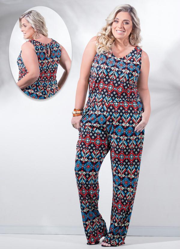 Marguerite - Macacão Floral Geométrico Vermelho Plus Size