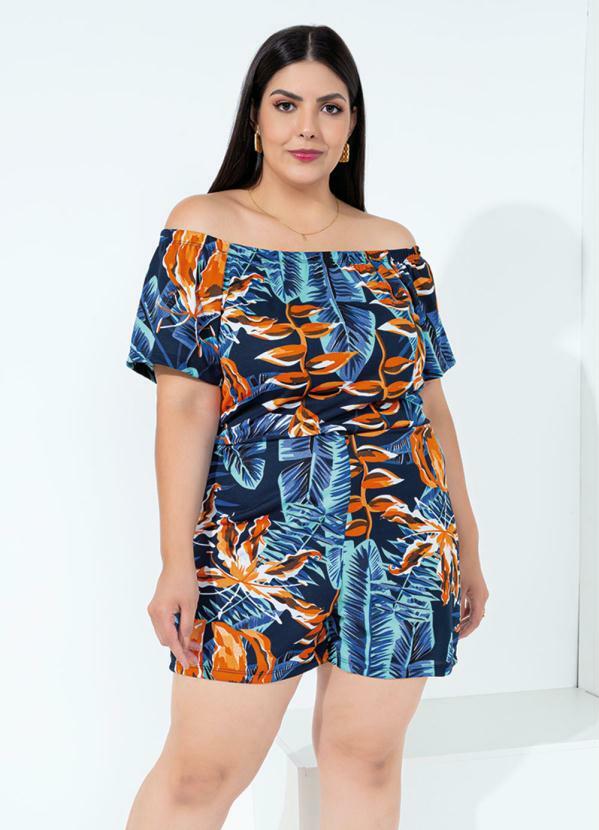 Marguerite - Macaquinho Folhagem Azul Ciganinha Plus Size