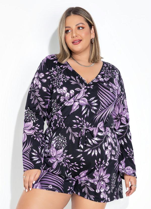 Macaquinho Folhas Roxo Transpassado Plus Size Marguerite