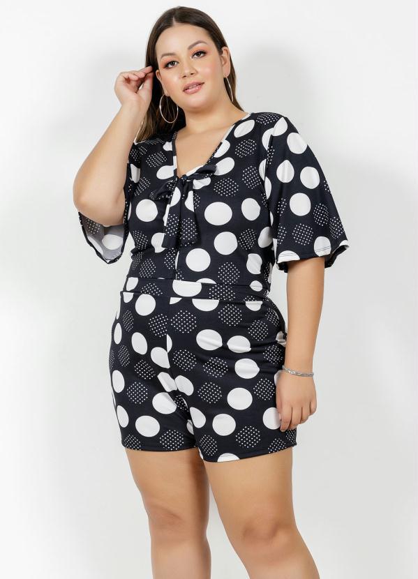 Marguerite - Macaquinho Poá Preto com Mangas Amplas Plus Size
