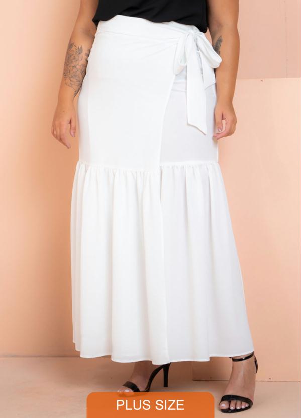 Chic e Elegante Saia Longa Transpassada Babado Branco Plus Size