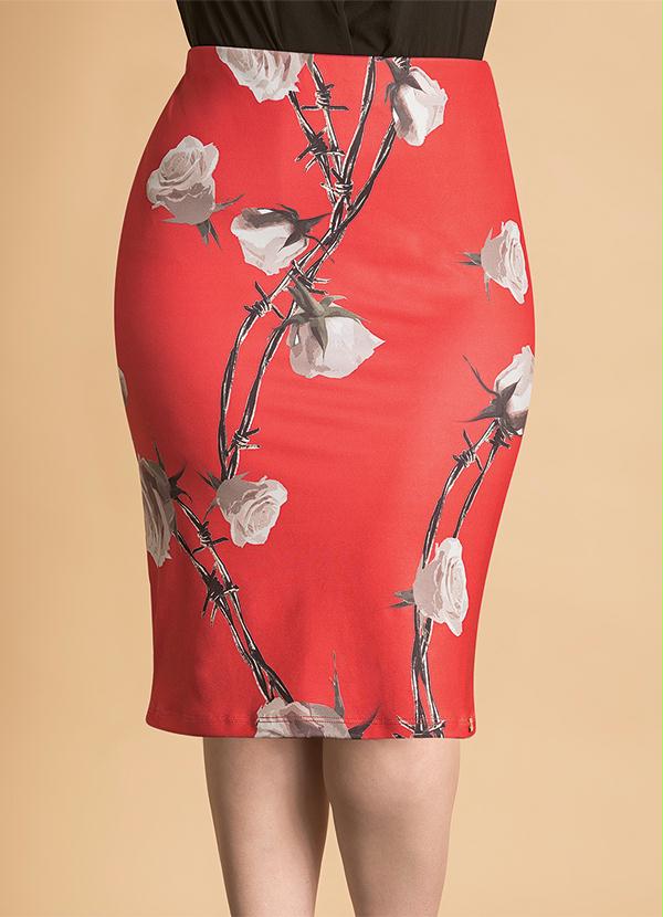Quintess - Saia Midi Floral Rosas Plus Size