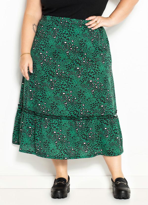 Marguerite - Saia Animal Print Verde com Frufru Plus Size
