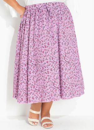 Marguerite - Saia Floral Lilás Evasê Plissada Plus Size - MARGUERITE