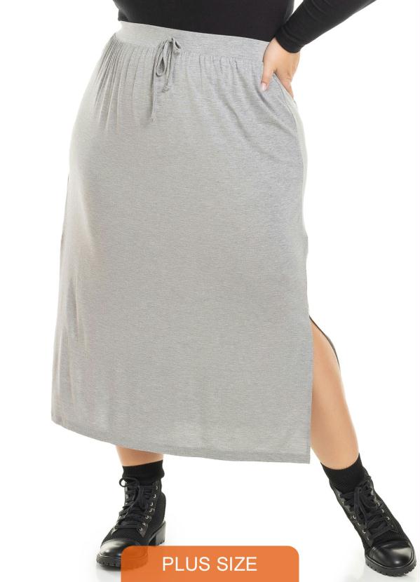 Miss Masy Plus - Saia Midi com Cordão e Fenda Lateral Cinza