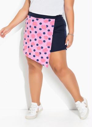 Marguerite - Short-Saia Azul e Floral Sobreposição Plus Size - MARGUERITE