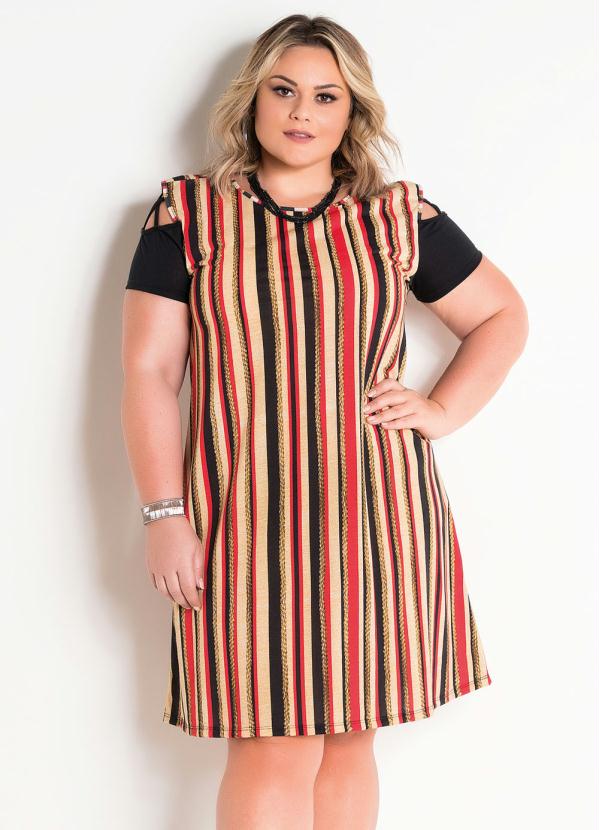 Vestido Com Detalhe Mangas Listrado Plus Size Marguerite