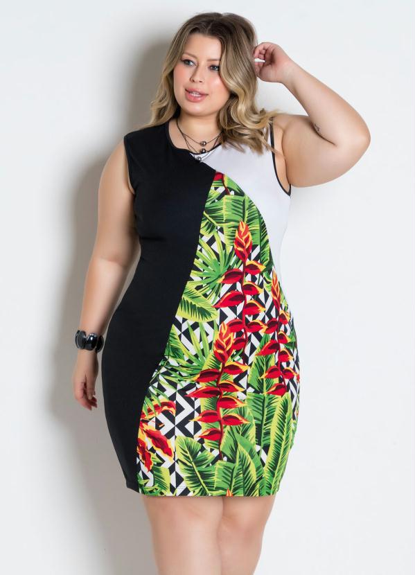 Vestido Com Recortes Floral E Preto Plus Size Marguerite