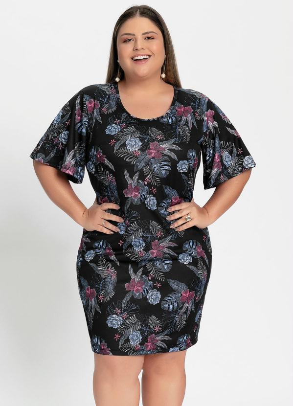 Vestido Curto Floral Com Mangas Amplas Plus Size Marguerite