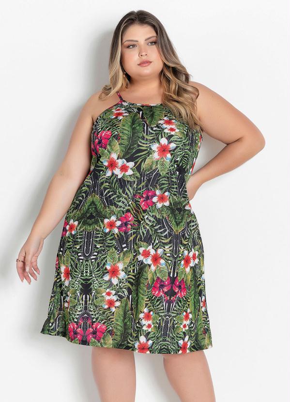 Vestido Curto Floral Verde Com Alças Plus Size Marguerite 1563