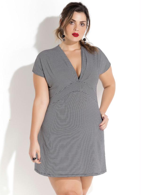 Quintess - Vestido Evasê Listrado Plus Size Quintess