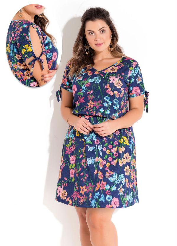 Quintess - Vestido Floral Azul Amarração Plus Size Quintess