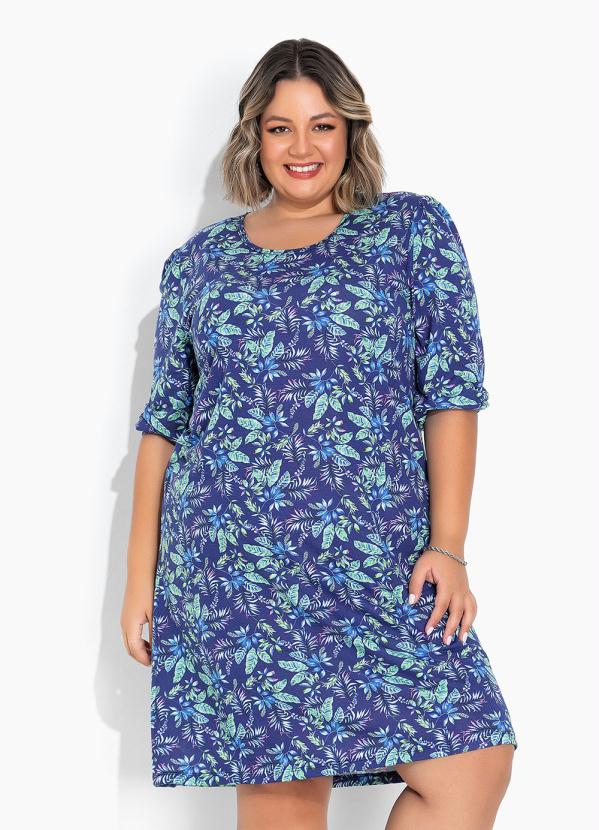 Vestido Floral Azul Com Manga Bufante Plus Size Marguerite