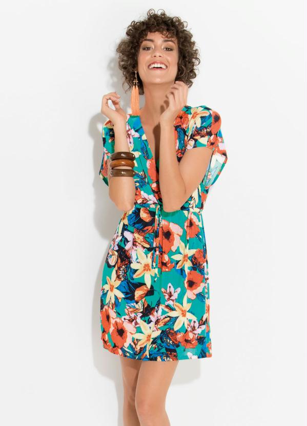 Quintess - Vestido Floral com Amarração Plus Size Quintess