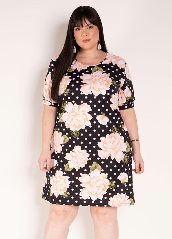 Marguerite Vestido Floral e Poá Preto Soltinho Plus Size