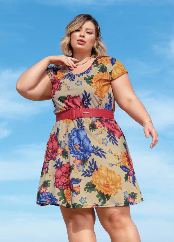 Vestido Floral Nude Com Mangas Copinho Plus Size Marguerite