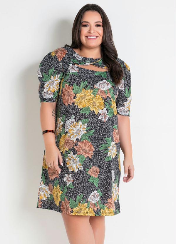 Vestido Floral Poá Plus Size Com Vazado Marguerite