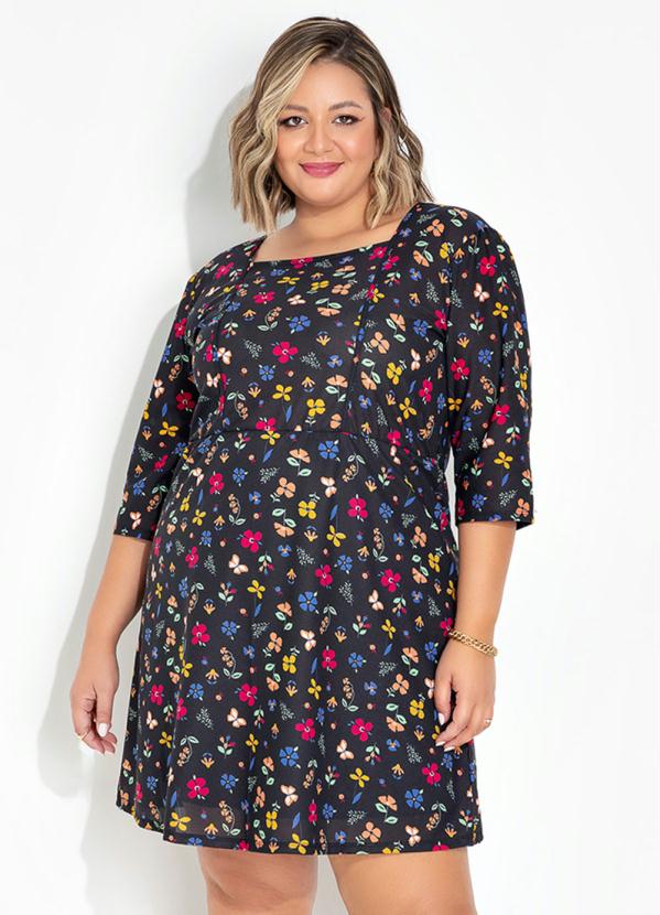 Vestido Floral Preto Plus Size Decote Quadrado Marguerite