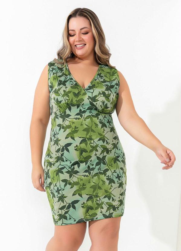 Vestido Folhagem Verde Com Franzidos Plus Size Marguerite